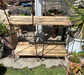 a pair of rusty old barstools become a plant stand, Rustic iron barstools pallet wood shelves