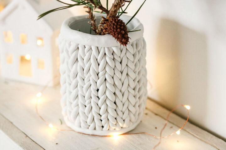 s 15 ways people are upgrading boring planters right now, Wrap chunky knit clay around them