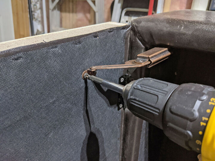 ottoman reconfigured into dust free garage storage, Remove brackets