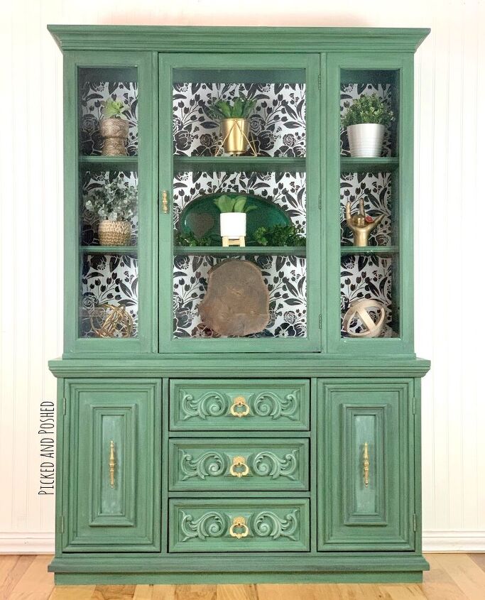 s go green with 18 gorgeous makeover ideas, Line the backing of a hutch with stenciled wallpaper