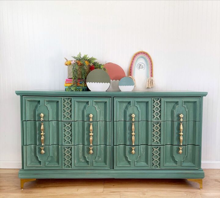 s go green with 18 gorgeous makeover ideas, Add gold feet to an updated cabinet