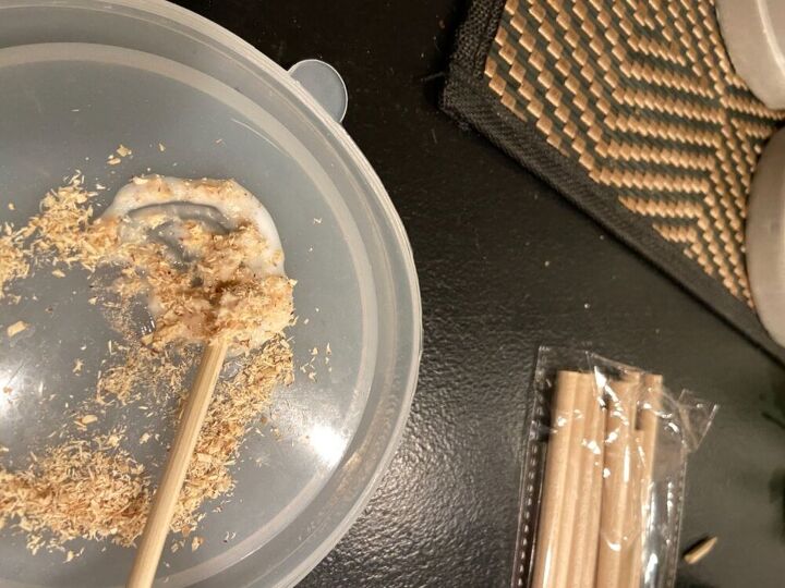 plugging drawer pull holes with home made wood filler and dowels, Mixing sawdust glue to make a putty