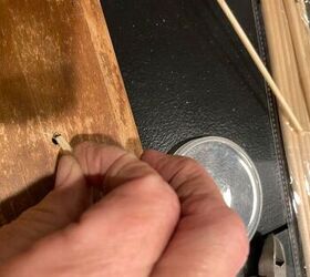plugging drawer pull holes with home made wood filler and dowels, Inserting skewer dowel to mark size