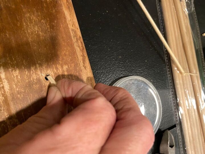 plugging drawer pull holes with home made wood filler and dowels, Inserting skewer dowel to mark size