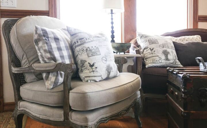 easy farmhouse envelope pillow cover tutorial, This chair was busted in pieces when I got it from a friend that buys damaged freight My husband and I rebuilt it I really love this chair This one is similar and this one is too and it s cheaper
