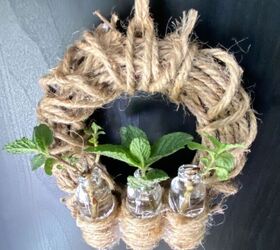 little mint herb holder for spring, Mini bottles with herbs hanging wreath