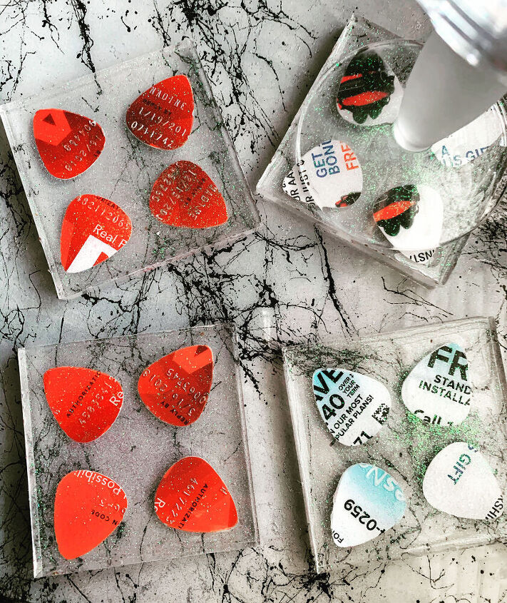 s 16 ideas for showcasing your love for music, These shimmering guitar pick coasters