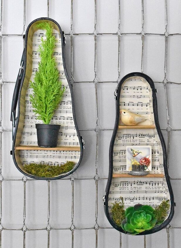 14 ideias para mostrar seu amor pela msica, Caixa de instrumentos reciclada como uma bela prateleira de parede