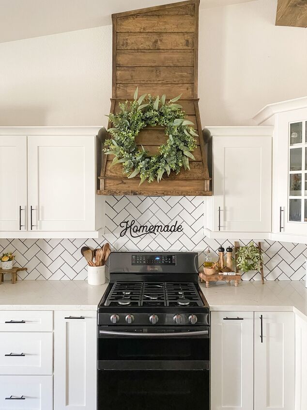 12 stunning ways to fill the space above your stove, DIY a modern farmhouse wood vent hood