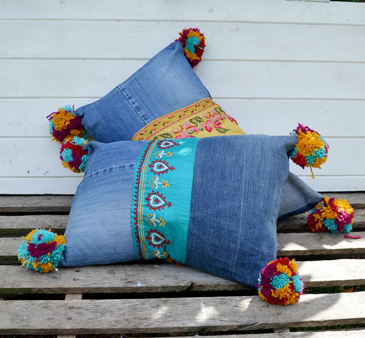 s make your space a cheery haven with 15 pom pom diys, These gorgeous Boho style denim pillows