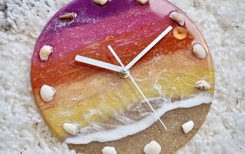  Relógio de resina com pôr do sol, areia e conchas