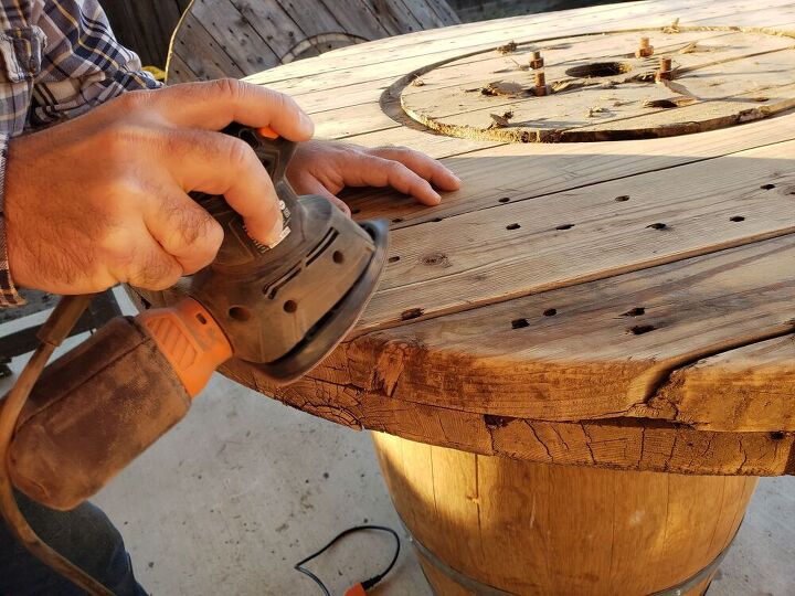 i built a fire table out of a recycled wine barrel and wire spool