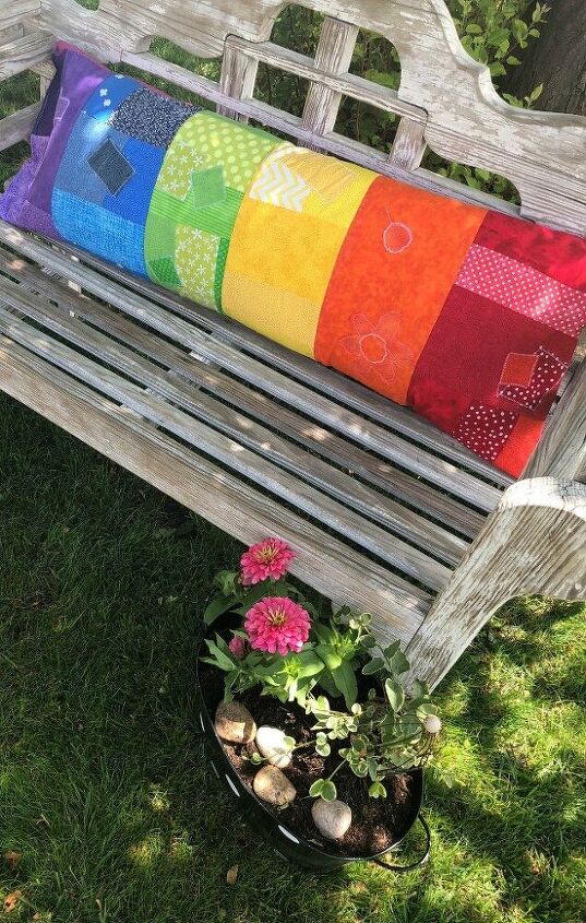 fabric scrap rainbow pillow