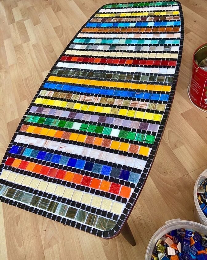 transforming an old coffee table into rainbow of hope, Tiled ready for grout