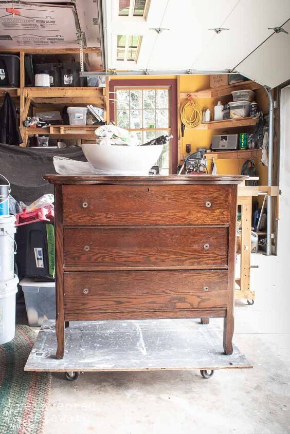 repurposed dresser converted to bathroom vanity