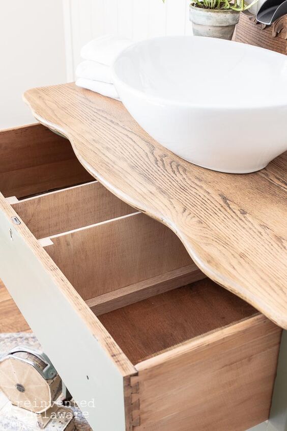 repurposed dresser converted to bathroom vanity