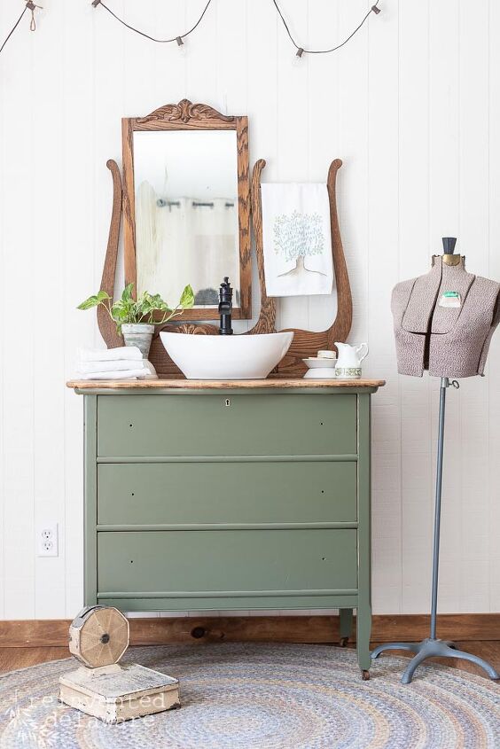 repurposed dresser converted to bathroom vanity