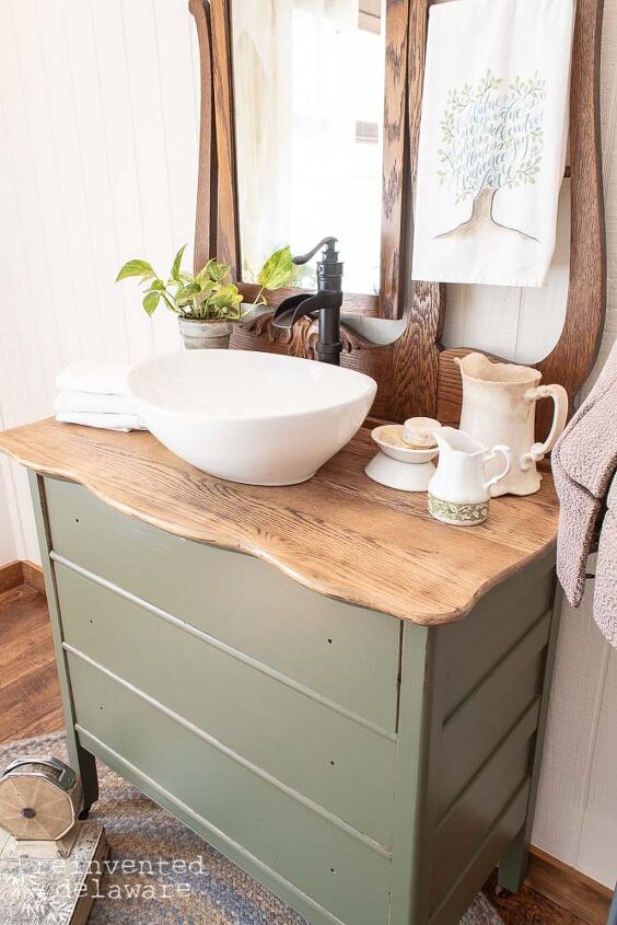 repurposed dresser converted to bathroom vanity