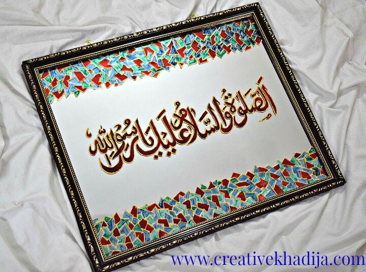 diy popsicle stick craft colorful wall art idea, Islamic Calligraphy Glass Paint Wall Art