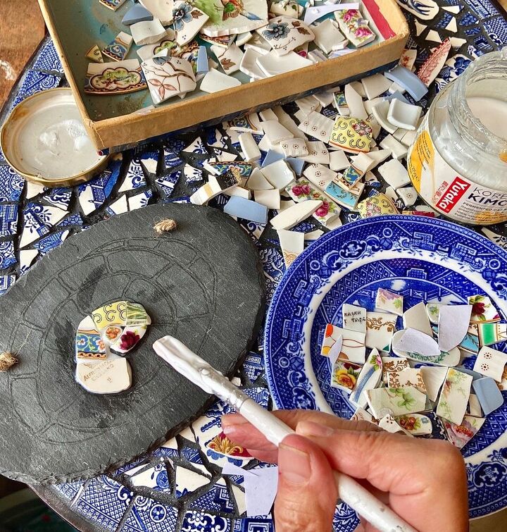 how to create a beautiful garden art piece from your old crockery, Glue ceramic pieces