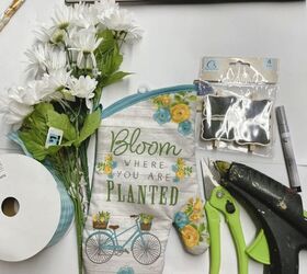 make your oven mitt into a beautiful floral bouquet, Firstly you ll need these materials a hot glue gun an oven mitt fake flowers ribbon scissors tags and tissue paper