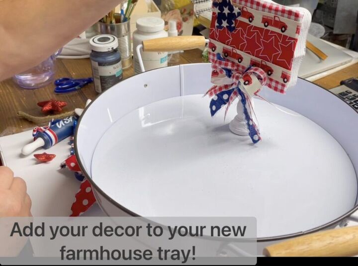 how to make a dollar tree diy farmhouse tray under 6, Finally add your decor to your farmhouse tray I made this one Fourth of July themed
