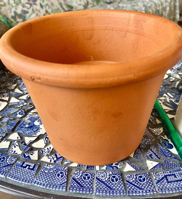 how to mosaic a plant pot with old china plates, Terracotta pot