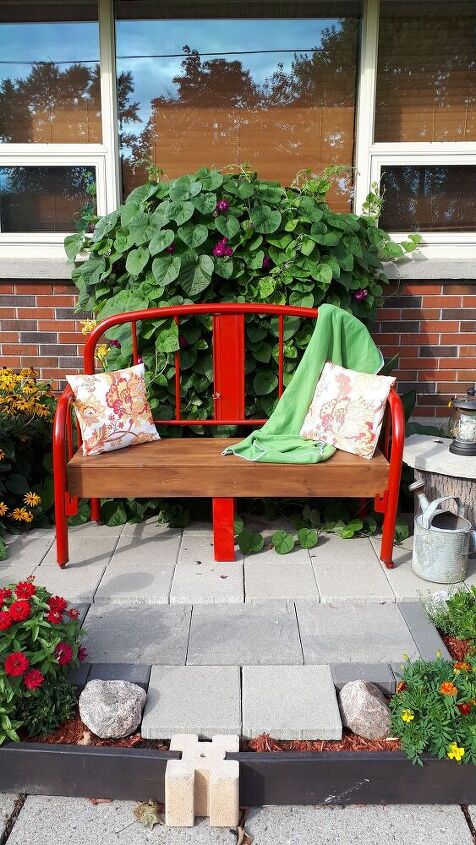 s 14 beautiful benches that ll make your summer more enjoyable, A bright repurposed headboard bench