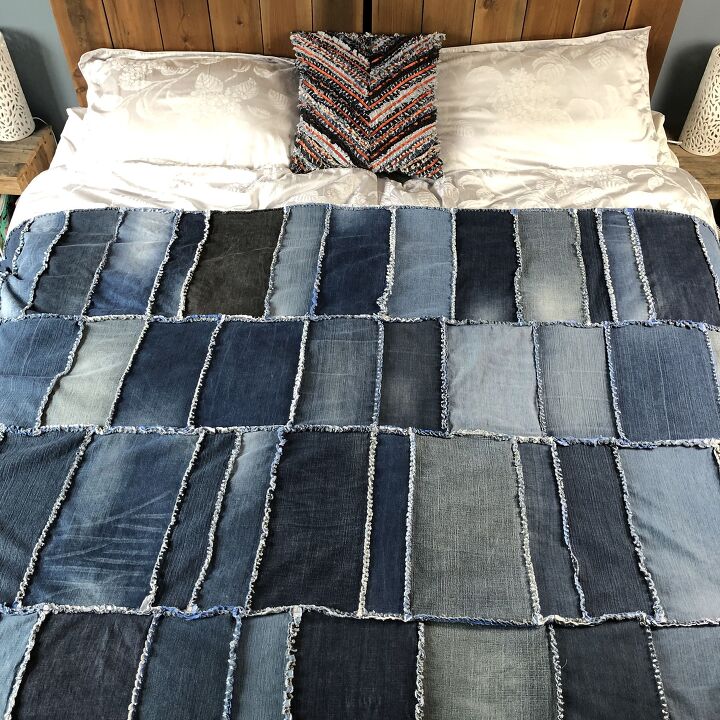 s 20 ways to use old jeans for decor, This stylish frayed quilt