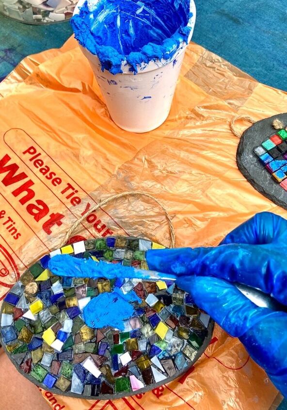 how to make a pretty mini stain glass yard art slate, Grouting