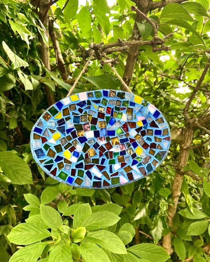 how to make a pretty mini stain glass yard art slate, Mosaic glass garden art