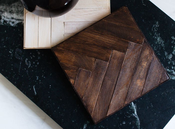 s rest your drinks on these 16 ultra cool coasters, Geometric wood mosaic ones