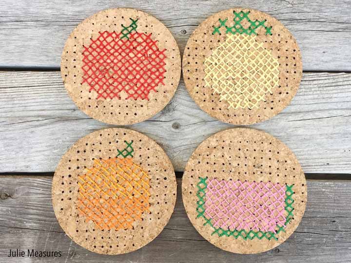 s rest your drinks on these 16 ultra cool coasters, Summer fruit cross stitch coasters