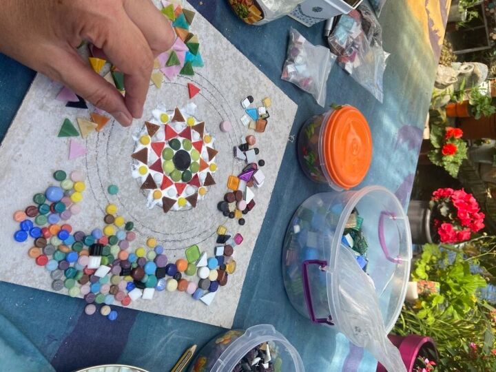 how to create a mosaic mandala for your garden, Gluing tiles