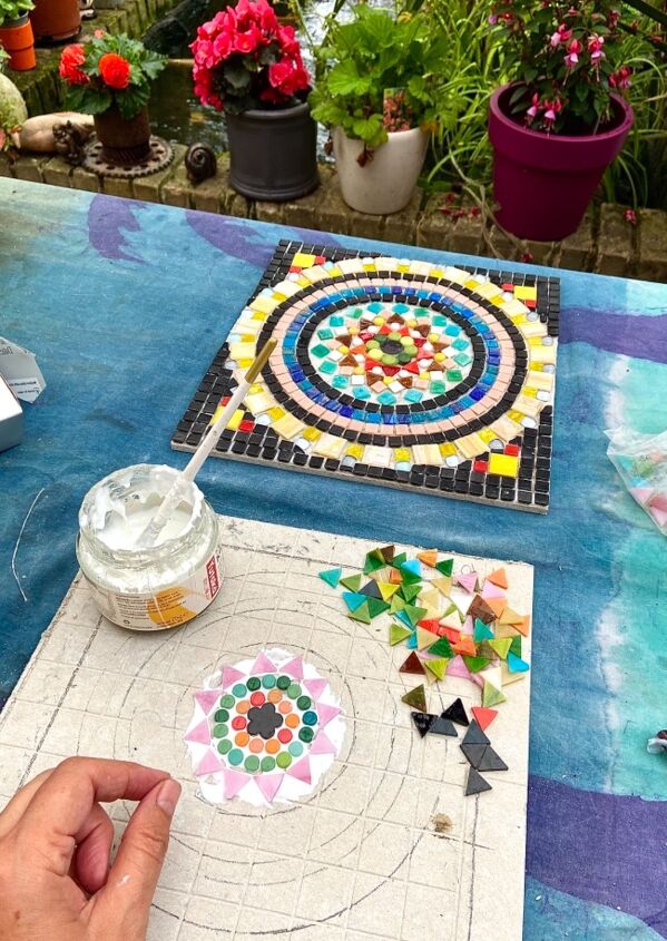 how to transform your outdoor patio with mindful mandala art piece, Sticking tiles