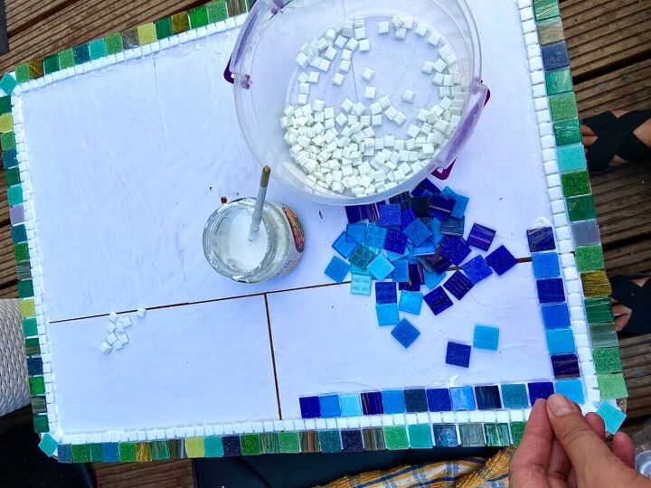 vintage coffee table mosaic makeover project, Tiling