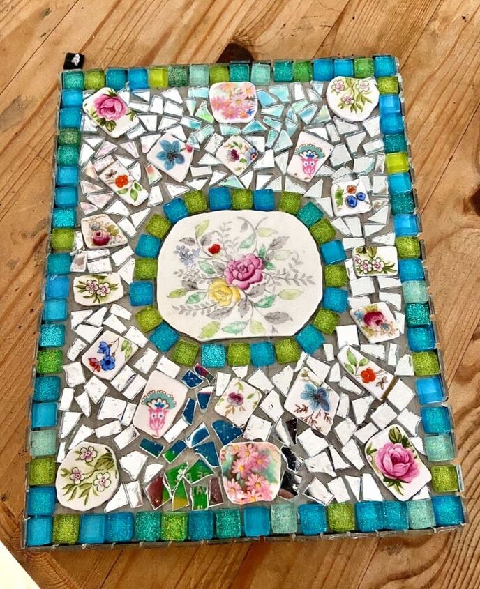 how to create a pretty mosaic using broken mirror and old crockery, Ready to grout