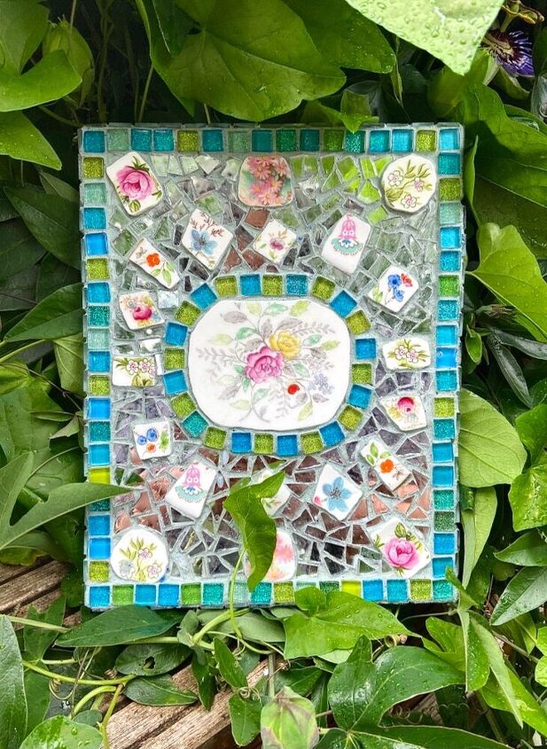 how to create a pretty mosaic using broken mirror and old crockery, Garden mosaic