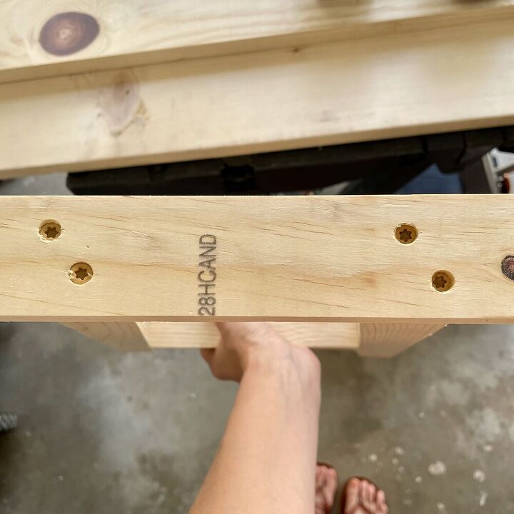 simple diy farmhouse bench in 3 easy steps, The leg support isn t attached to the legs yet This will be easier to do once the legs are attached to the bench seat