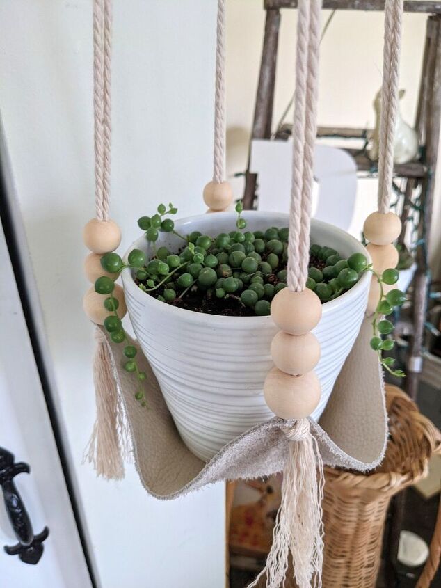 leather and cotton macrame plant hanger