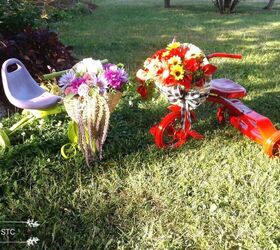 how i recycled tricycles into charming yard decor, Beautiful Yard Art