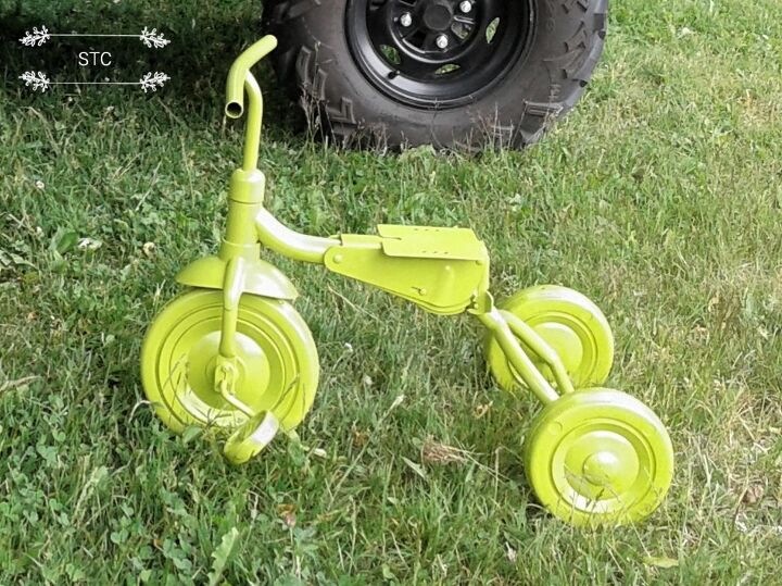 how i recycled tricycles into charming yard decor, Lime Green Spray Paint