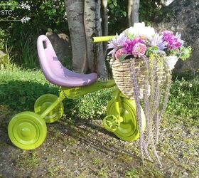 how i recycled tricycles into charming yard decor, Lime and Mauve Tricycle