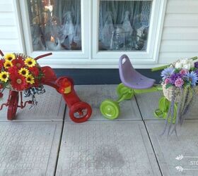 how i recycled tricycles into charming yard decor, Now Treasured Tricycles