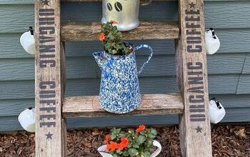 Coffee Themed Garden Vignette On An Old Treehouse Ladder