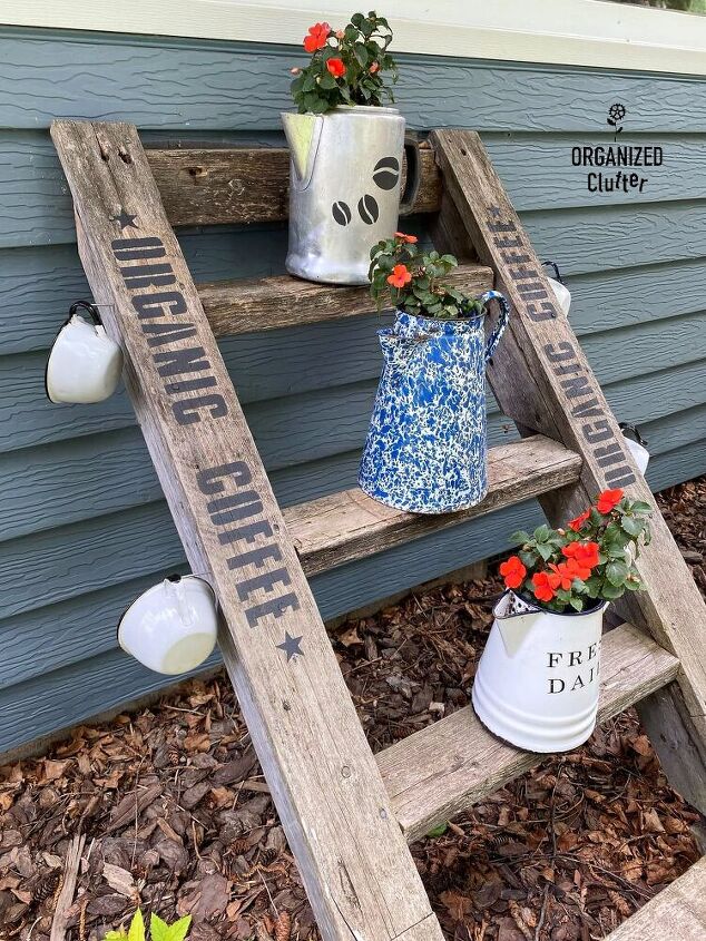 coffee themed garden vignette on an old treehouse ladder