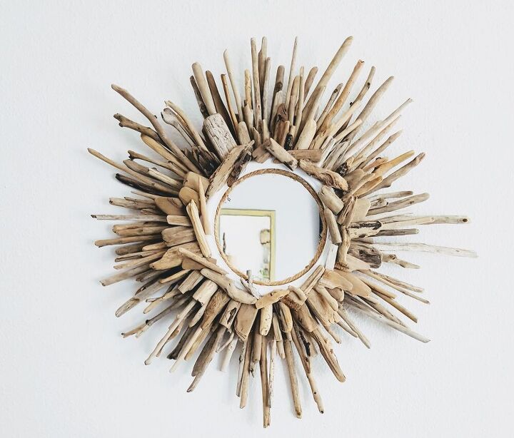 s 13 crazy cool ways people are upgrading their boring mirrors, Make a driftwood sunburst mirror