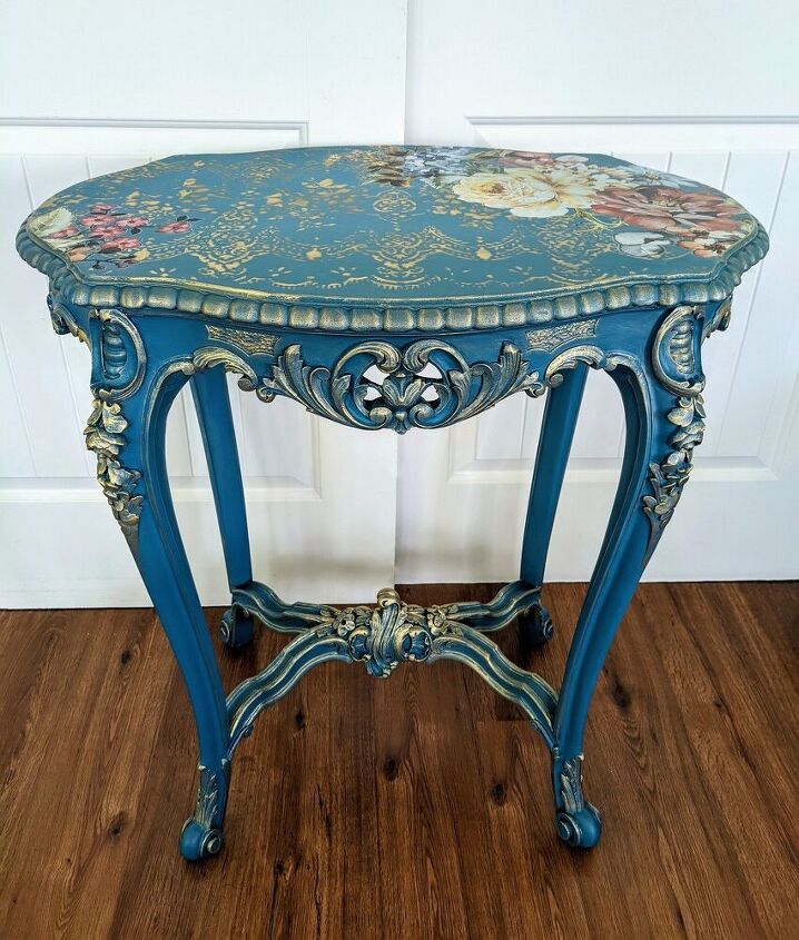 give an accent table new life with paint metallic wax and a transfer, After