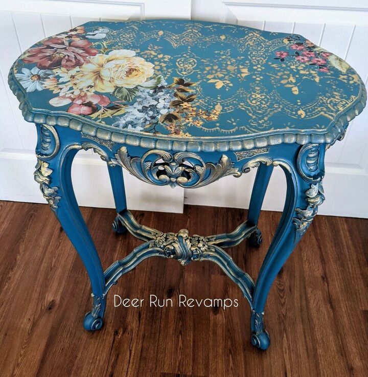 give an accent table new life with paint metallic wax and a transfer