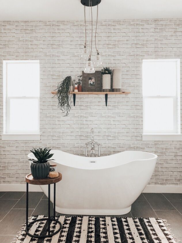 s 15 gorgeous ideas that ll make you want to rip out your whole bathroom, Apply faux brick wallpaper to your walls